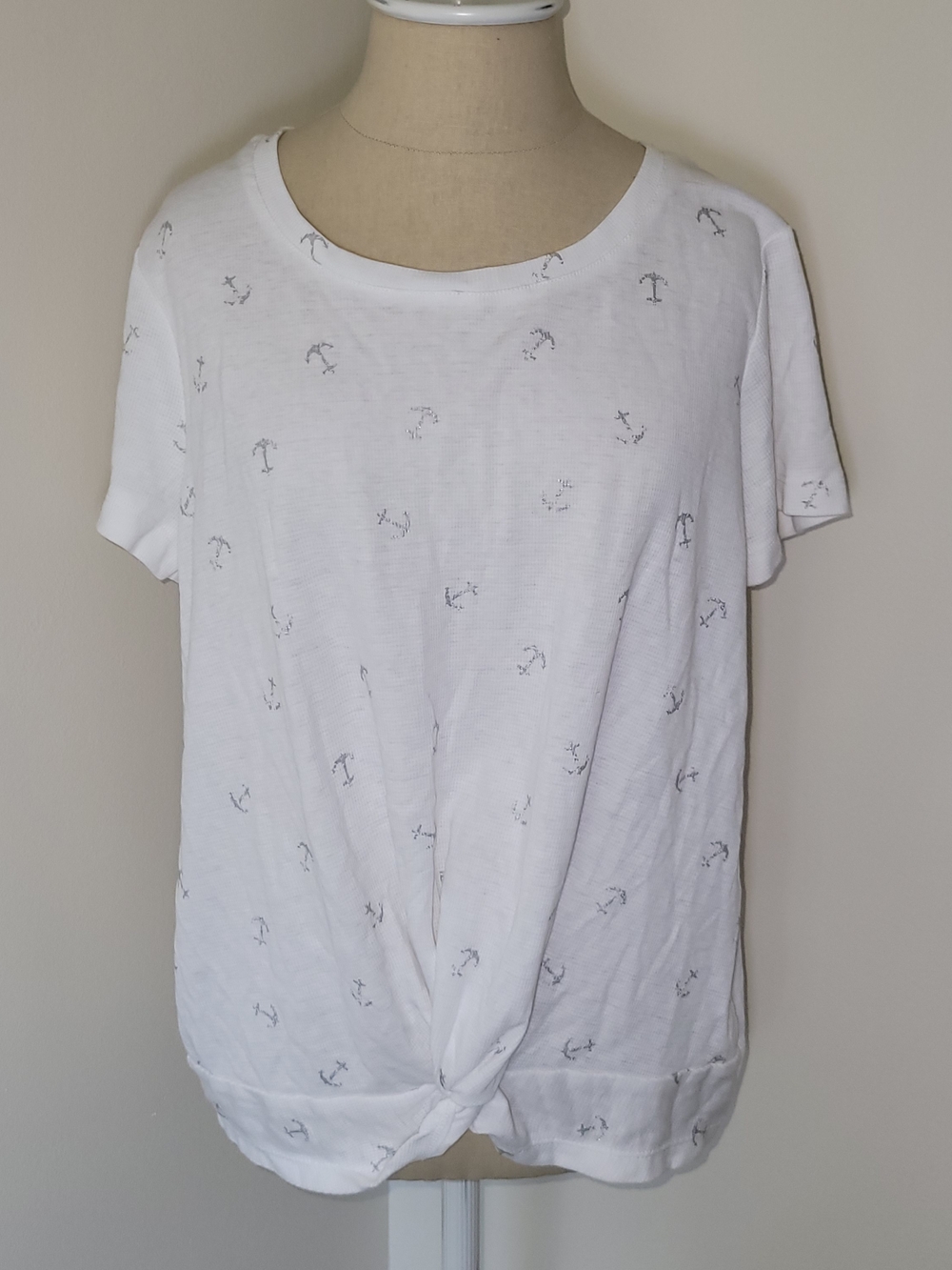 NWT Jane and Delancey White Knot-Front Tee with Nautical Anchor Motif Size Large